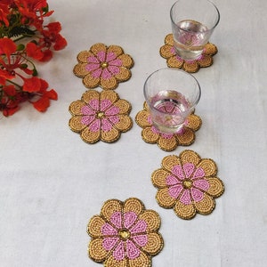 Handmade peach flower shape beaded coasters Set of 6 image 2