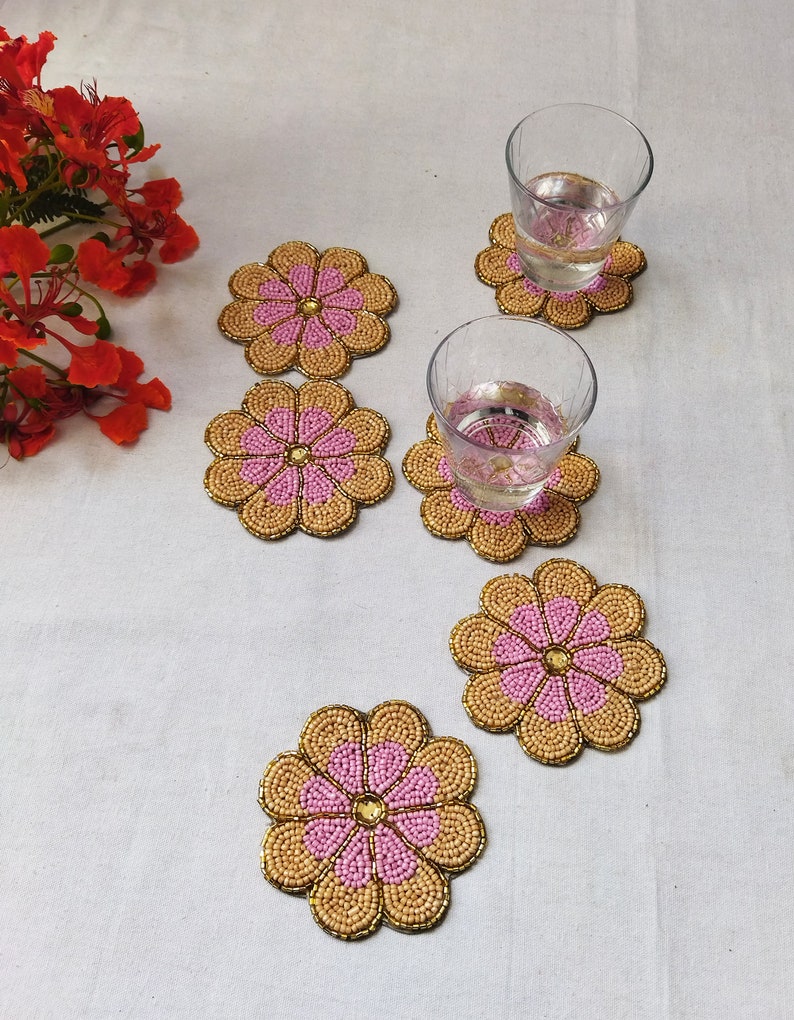 Handmade peach flower shape beaded coasters Set of 6 image 2