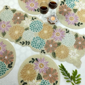 Handmade pastel flowers beaded table runner. Matching placemats also available