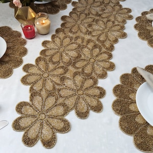 Handmade gold flower beaded Table runner. Matching Placemats also available