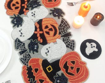 Handmade Halloween pumpkins and spider beaded runner