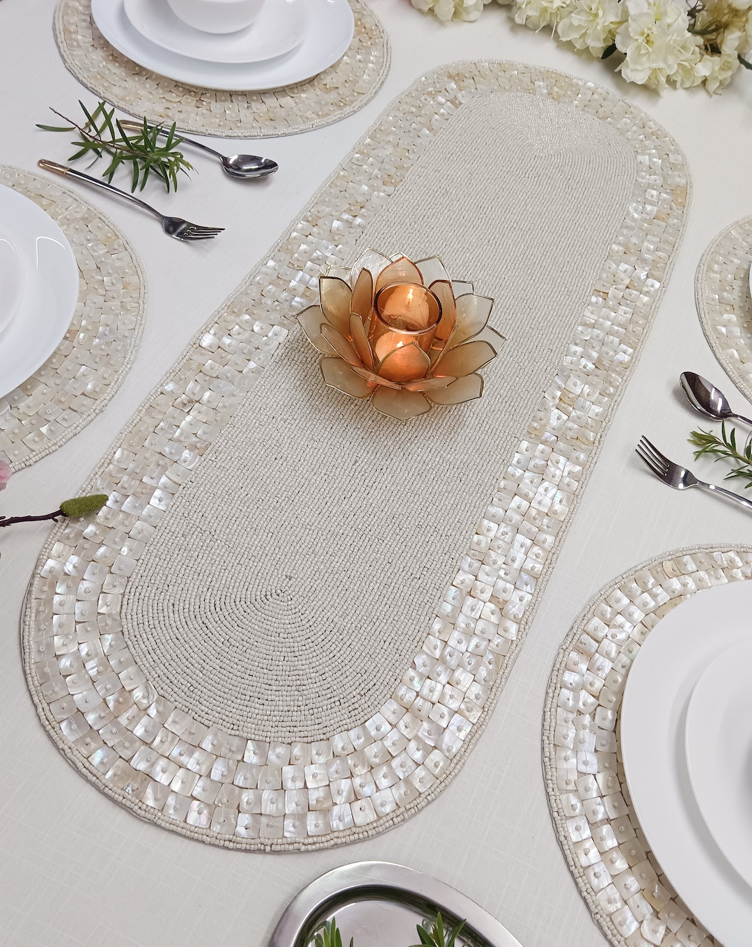 Handmade Mother of Pearls Beaded Table Runner. Matching Placemats Are