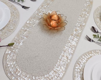 Handmade Mother of Pearls Beaded Table runner. Matching placemats are also available