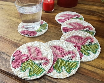Handmade flamingo beaded coasters - Set of 6