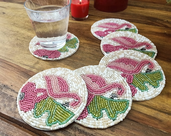 Handmade flamingo beaded coasters - Set of 6