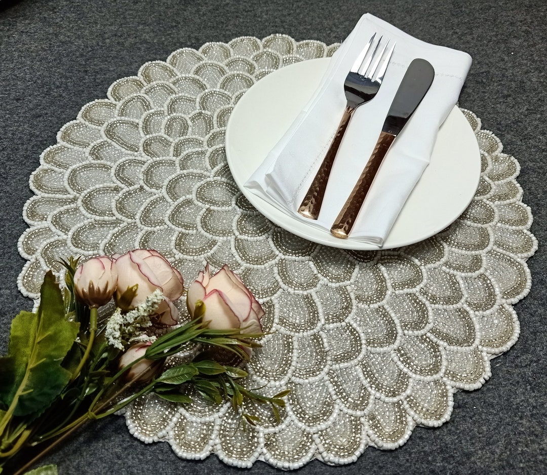 Handmade Silver Dahlia Flower Beaded Placemat Etsy