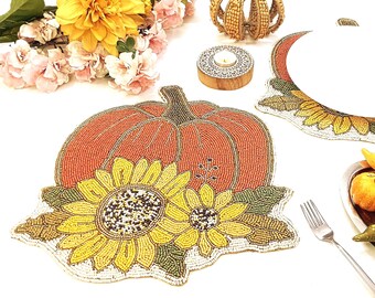 Handmade Pumpkin Beaded Placemat | Autumn Sunflower Table Decor | Fall & Thanksgiving Beadwork Mat | Harvest Dining Accent