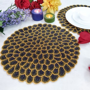 Handmade Navy Blue Dahlia Flower Beaded Placemat