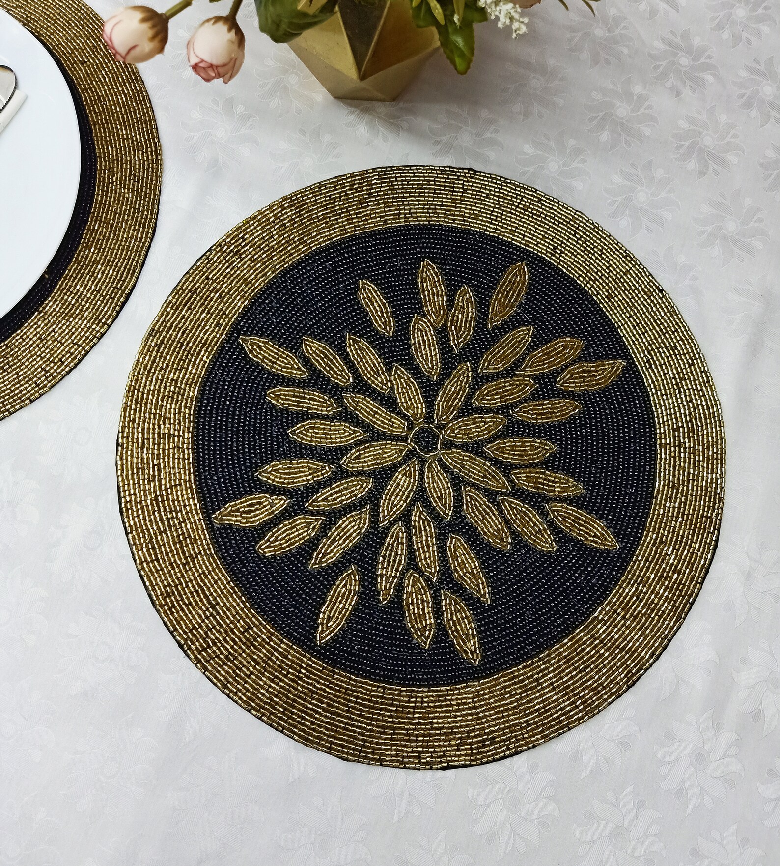 Handmade Black and Gold Round Beaded Placemat Etsy