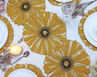 Yellow flower Handmade Beaded Runner.Matching placemats are also available.