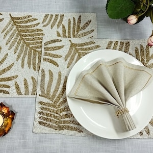 Handmade Gold off-white Rectangular Beaded Placemat