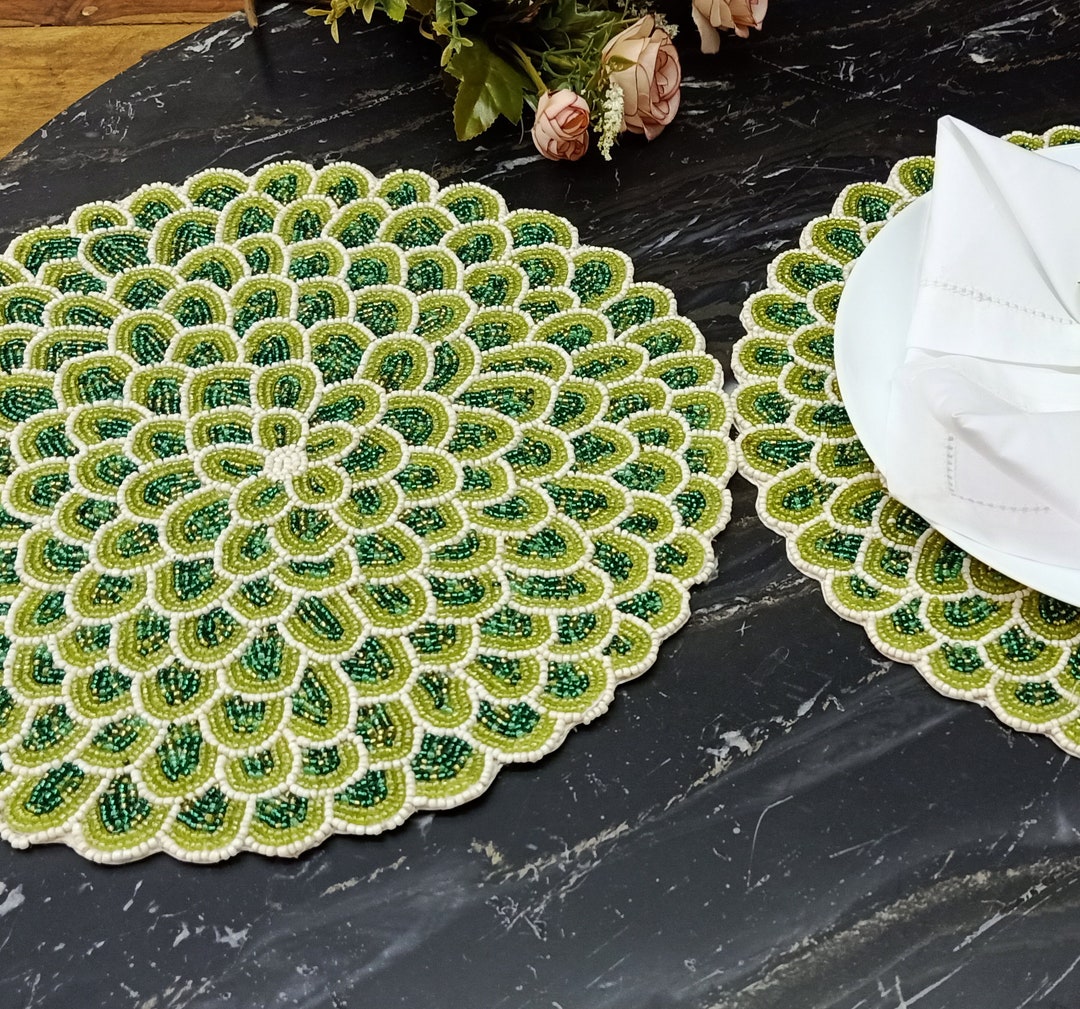 Handmade Green Dahlia Flower Beaded Placemat Etsy