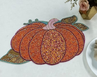 Handmade orange shaped pumpkin beaded round placemat