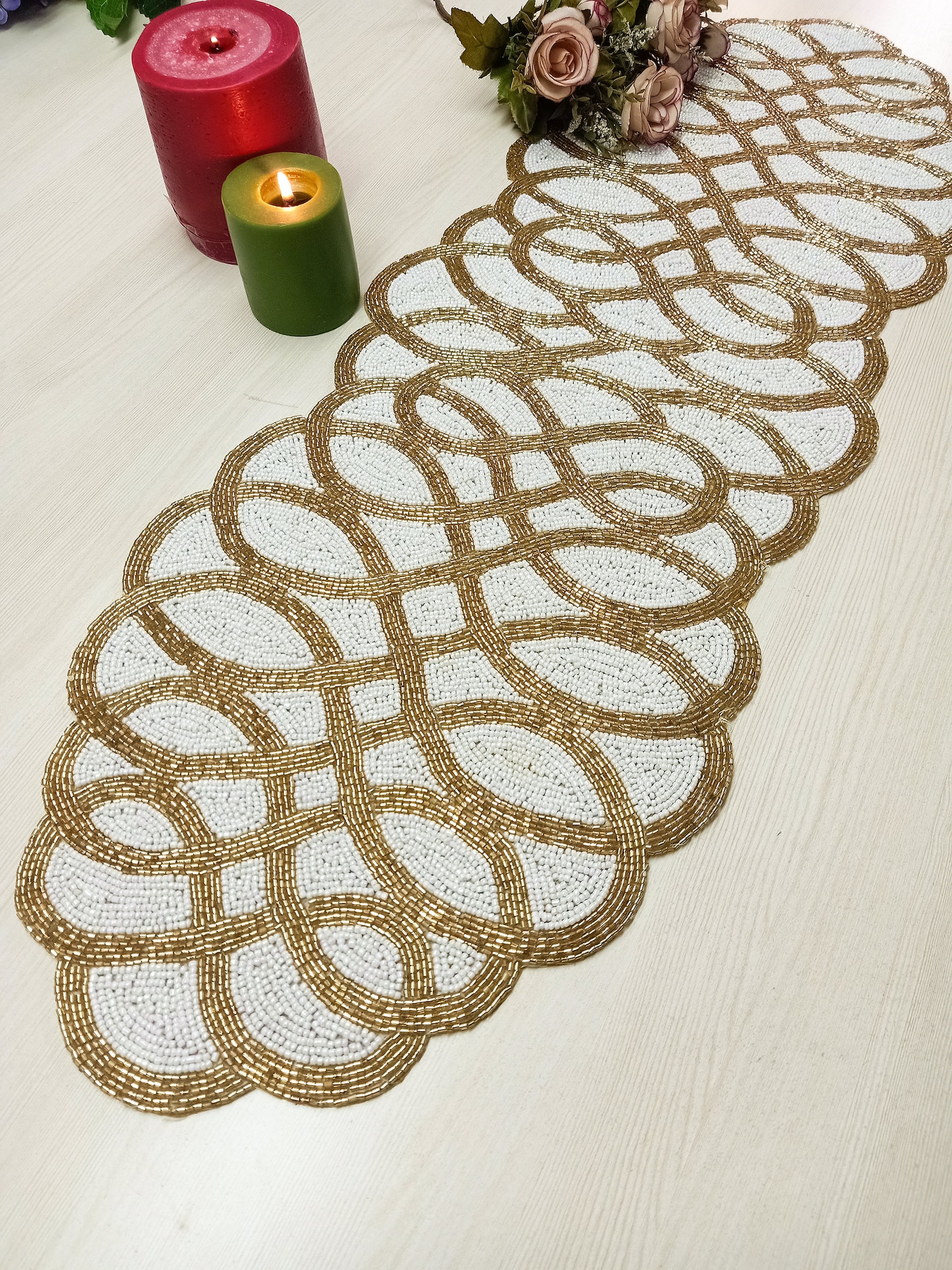 Gold and White Handmade Beaded Runner - Etsy