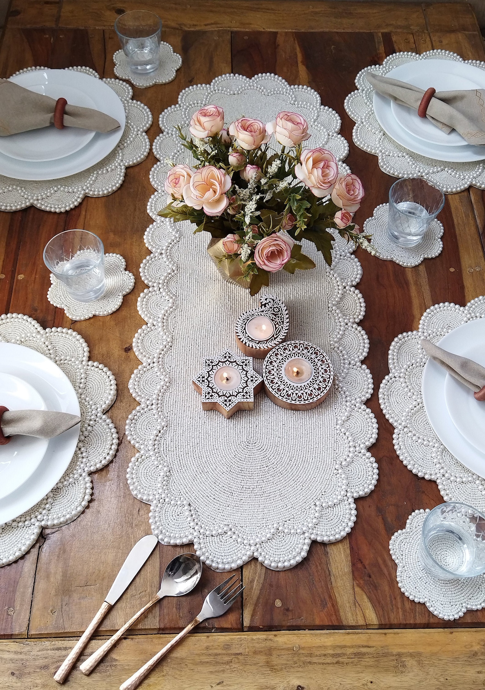 Handmade Pearls Beaded Table Runner Matching Placemats and Etsy India
