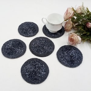 Handmade dark gray round beaded coasters - Set of 6