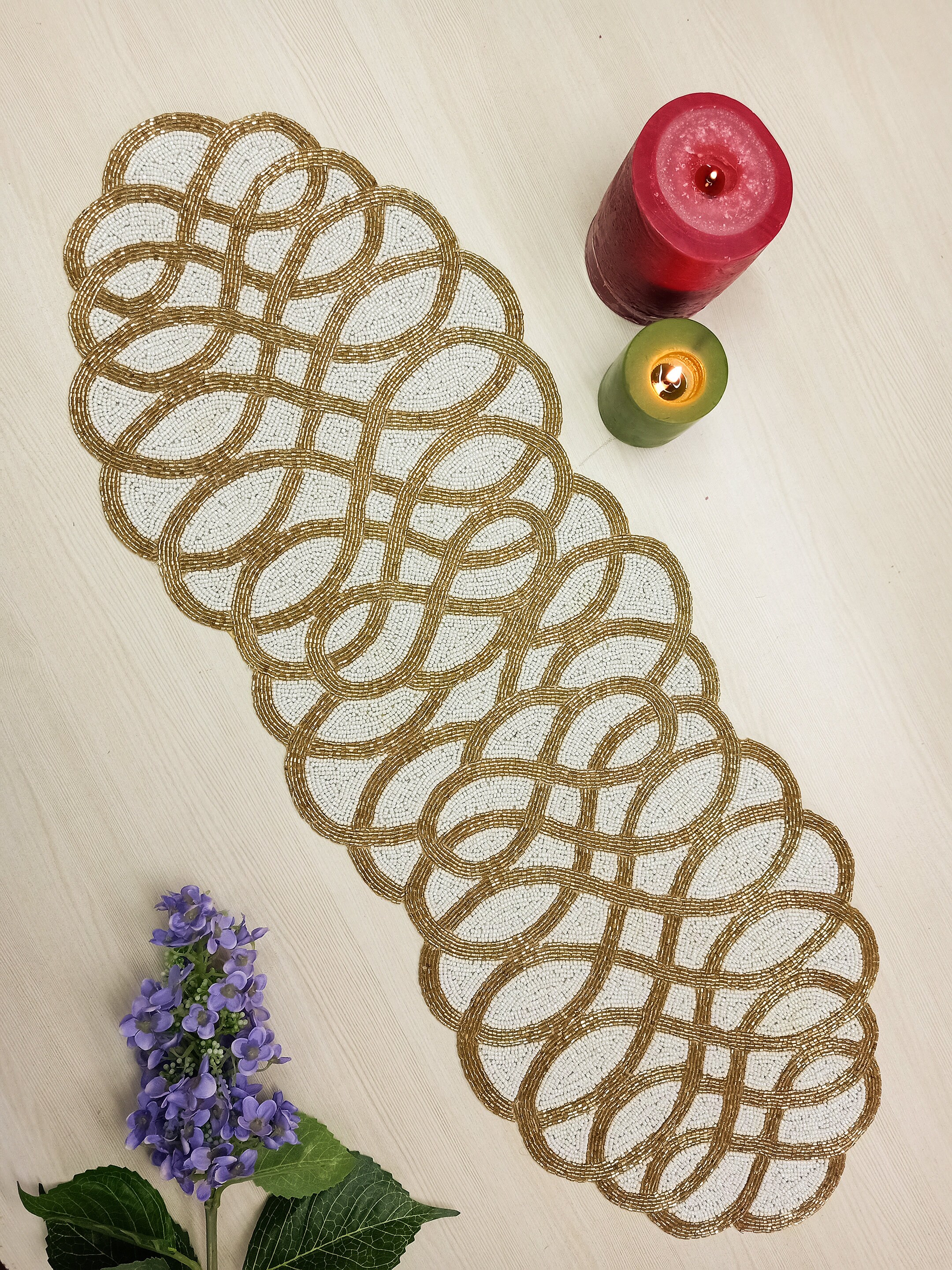 Gold and White Handmade Beaded Runner Etsy