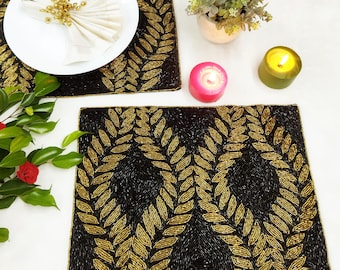 Handmade Black & Gold Leaf Beaded Placemats | Rectangular Table Mats | Luxury Dining Decor | Festive Beadwork Table Setting