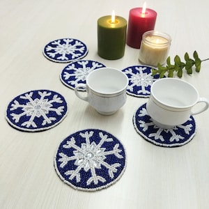 Set of 6 handmade beaded snowflake coasters
