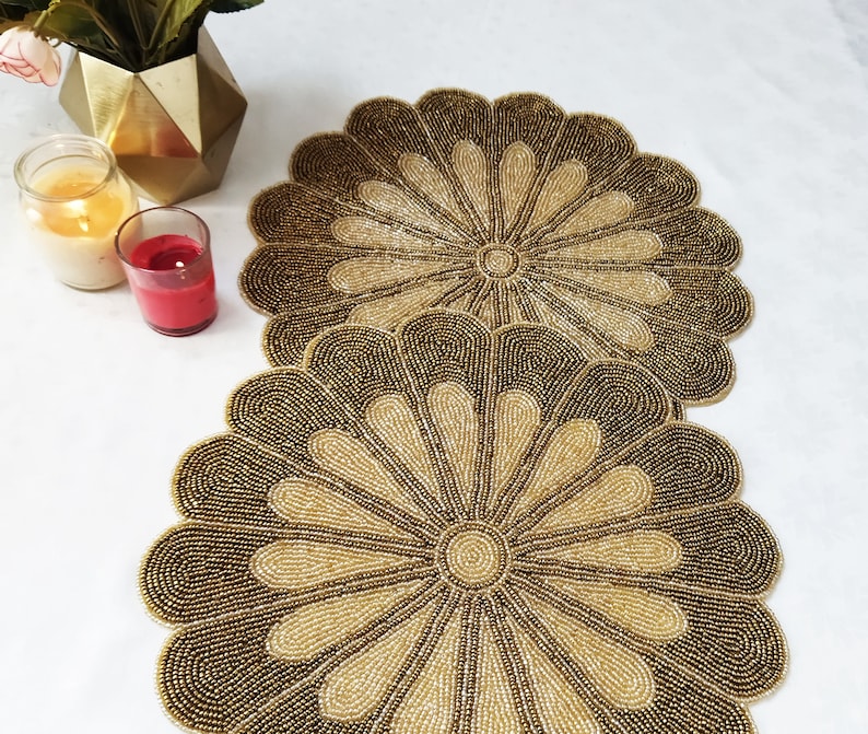 Handmade Gold Flower Beaded Table Runner. Matching Placemats Etsy