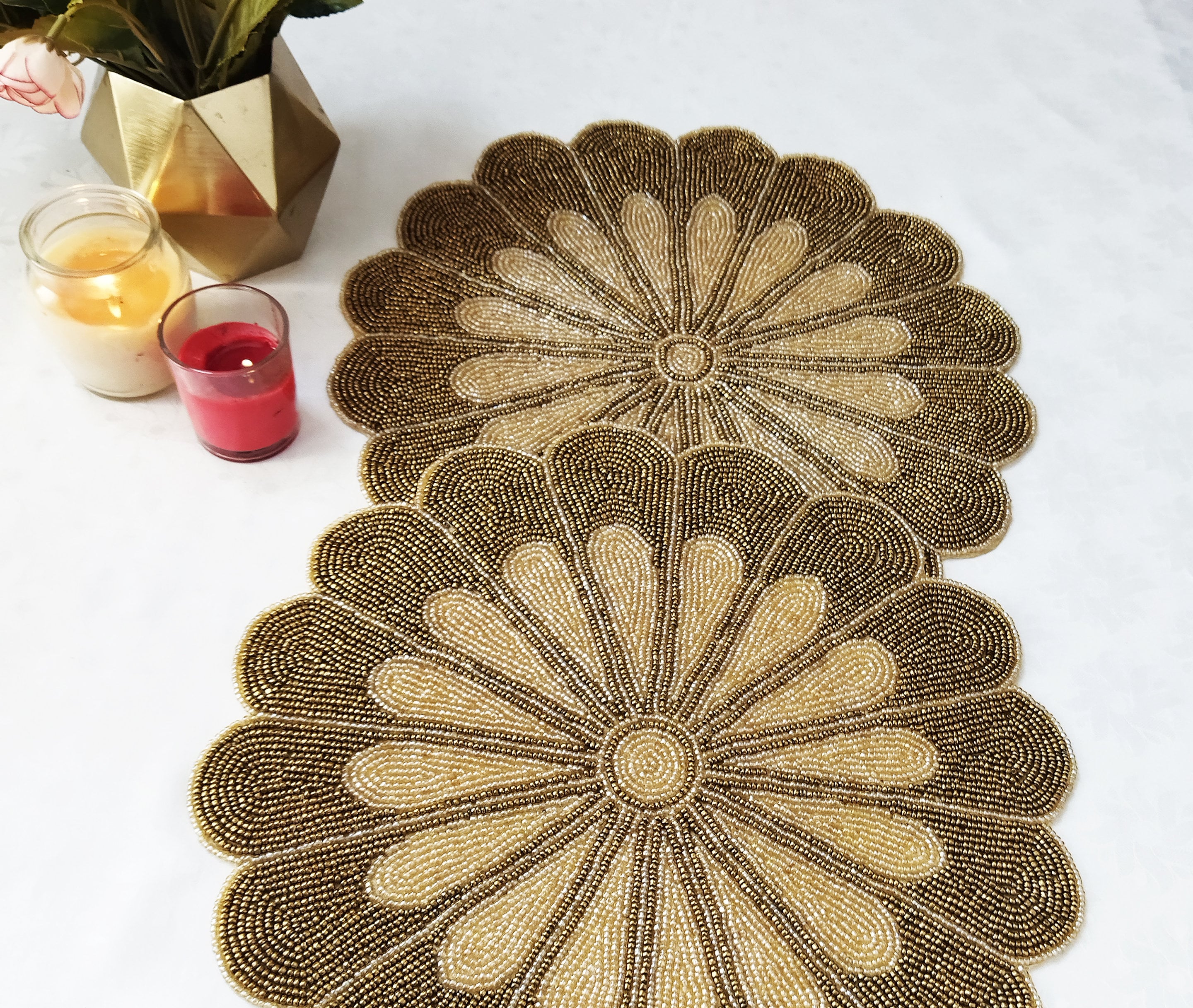 Handmade Gold Flower Beaded Table Runner. Matching Placemats Etsy
