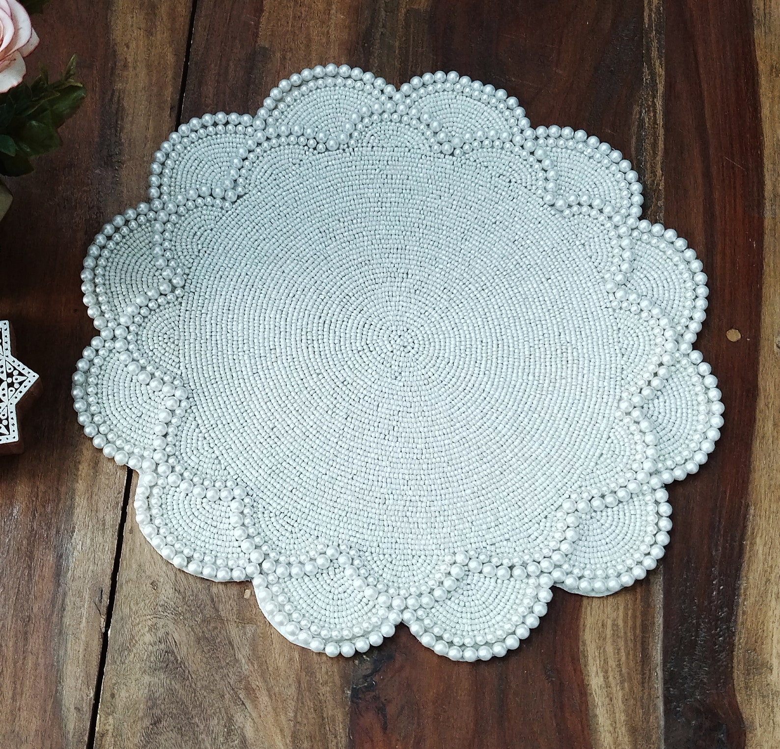 Handmade Pearl Table Placemat // Beaded Charger // Offwhite Etsy