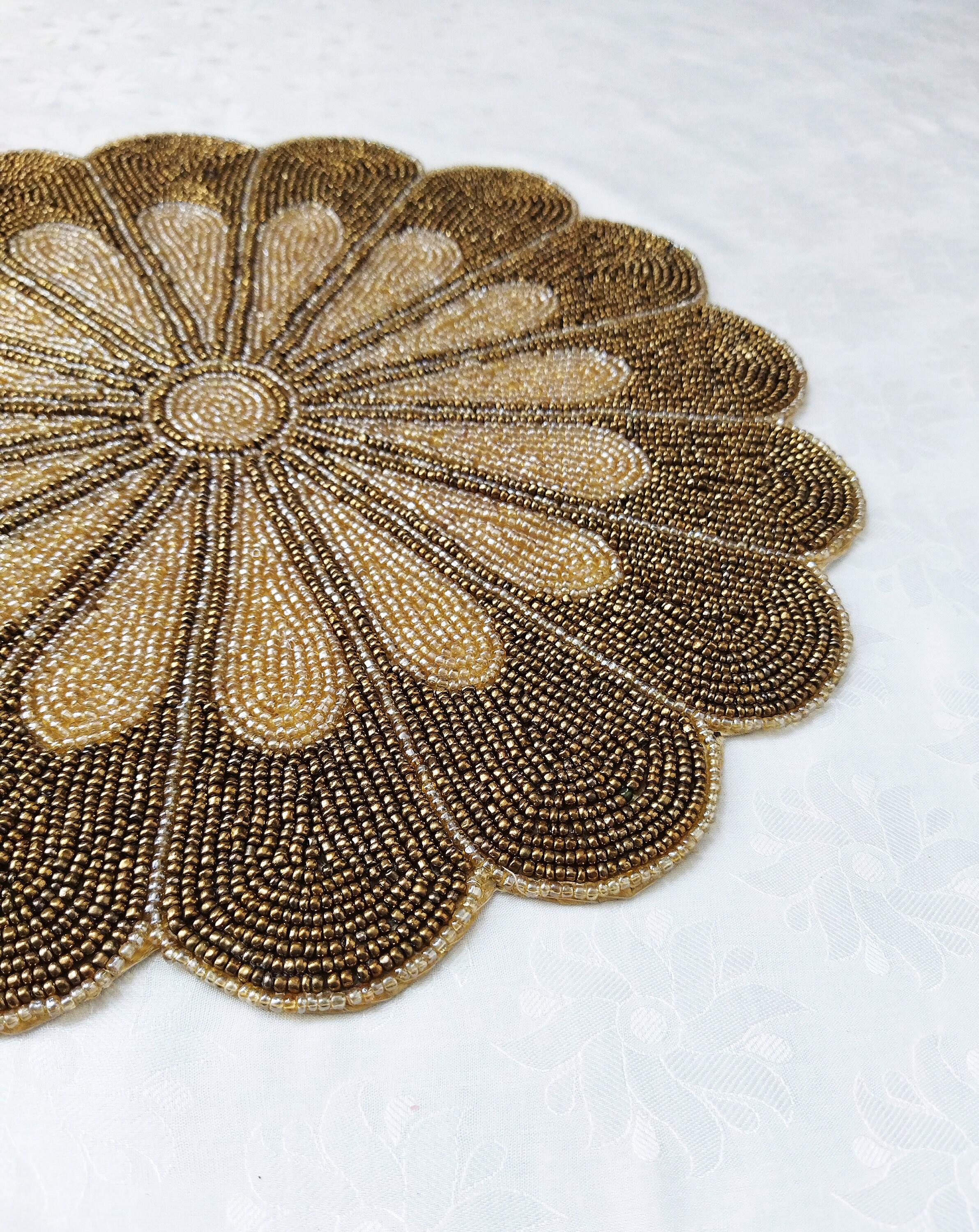 Handmade Gold Flower Beaded Round Placemat Etsy UK