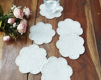 Handmade off-white pearl beaded coasters - Set of 6