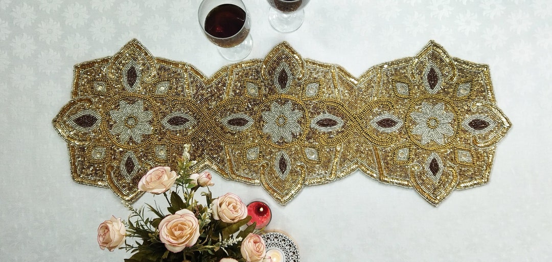 Gold Handmade Beaded Table Runner - Etsy