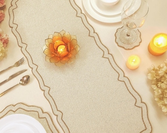 Handmade White & Gold Beaded Table Runner | Scalloped Edge Luxury Decor