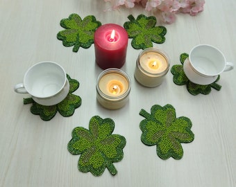 Posavasos de cuentas con forma de hoja de trébol de 4 pétalos de color verde hechos a mano - Juego de 6