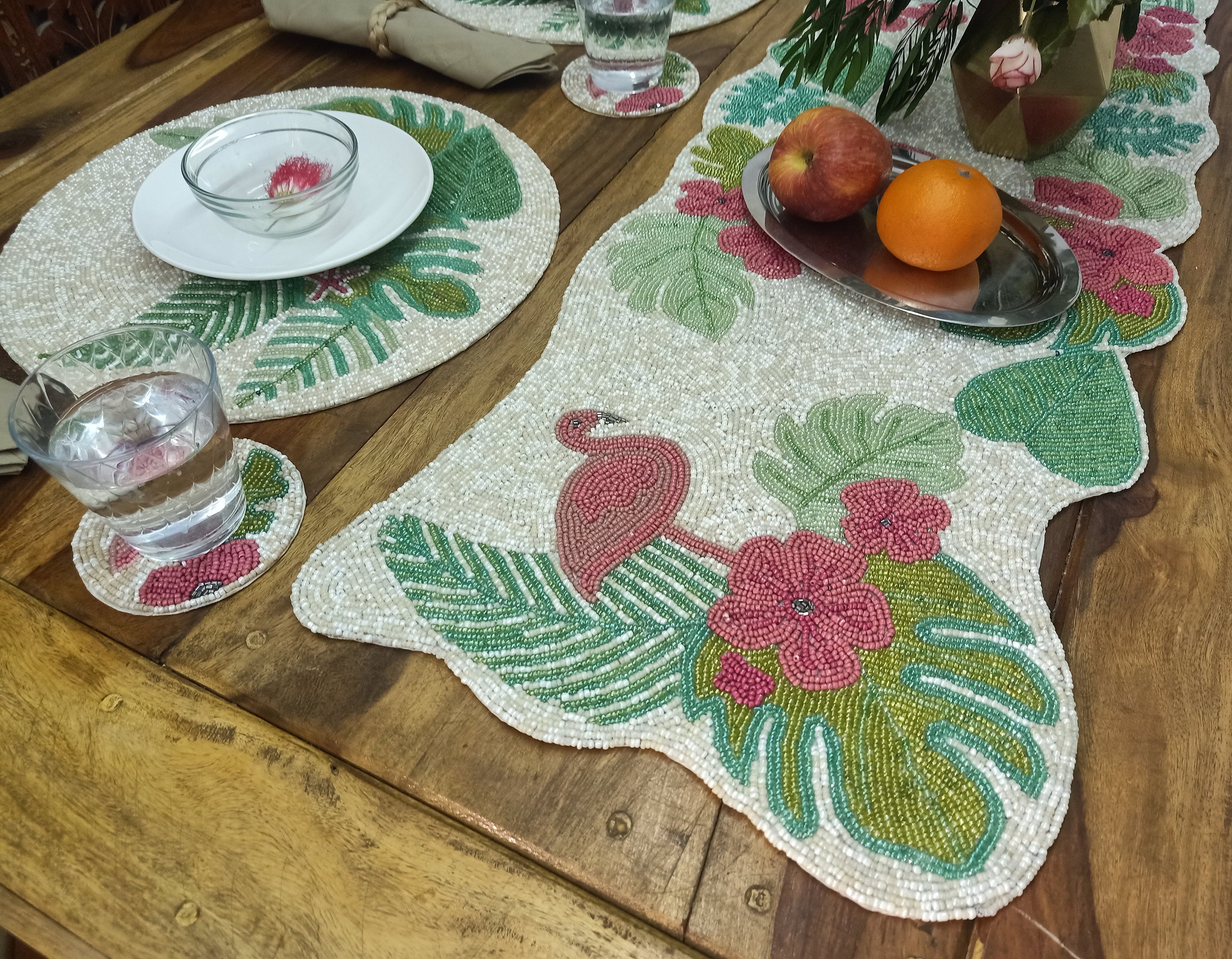 Handmade Flamingo with Tropical leaves beaded table runner Etsy
