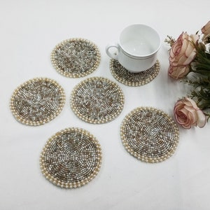Handmade off-white and gold round beaded coasters - Set of 6