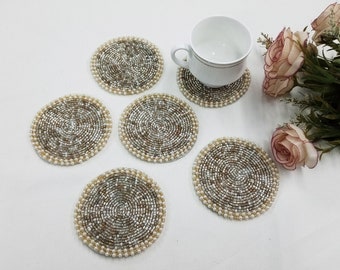 Handmade off-white and gold round beaded coasters - Set of 6