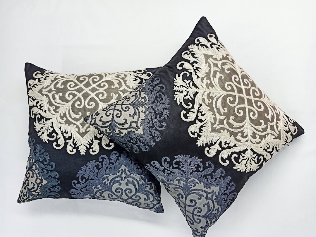 Black Gray Embroidered Pillow Cover Etsy