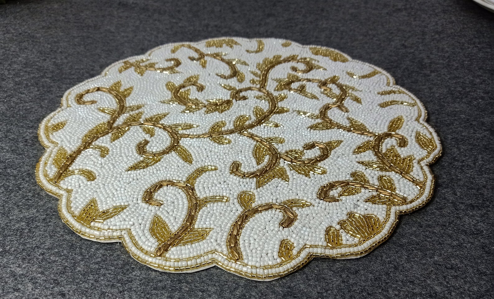 Handmade White Gold Table Placemat // Beaded Charger // Etsy