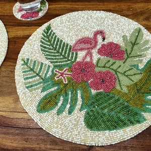 Handmade Flamingo with Tropical leaves beaded table Placemat