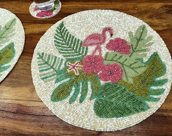 Handmade Flamingo with Tropical leaves beaded table Placemat