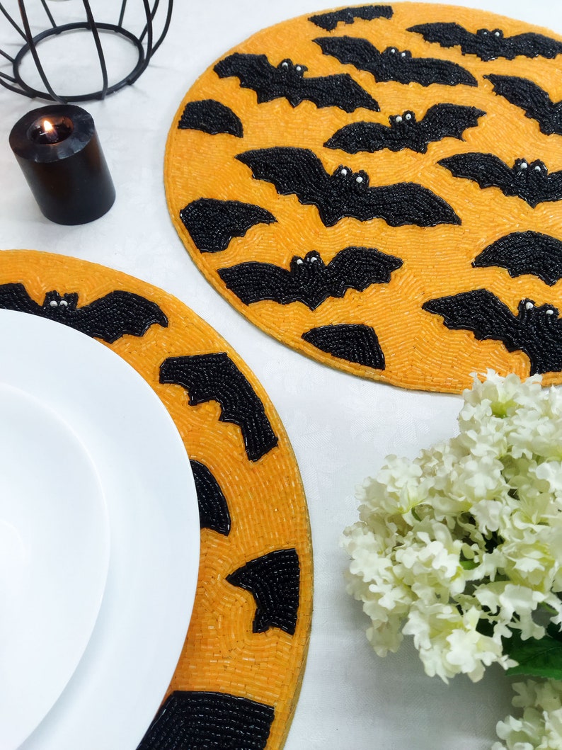 Handmade Halloween Bats Round Beaded Placemat image 3