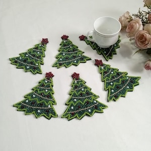Handmade Green Christmas Tree Beaded coasters - Set of 6