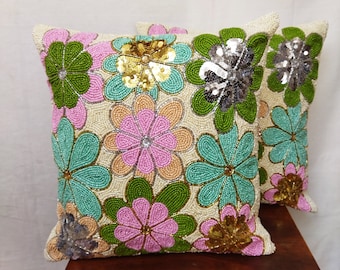 Handmade Multi color Flowers Beaded Pillow cover, 16" Square Pillow cover