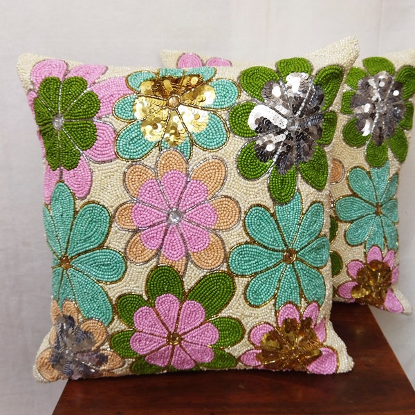 Handmade Multi color Flowers Beaded Pillow cover, 16" Square Pillow cover
