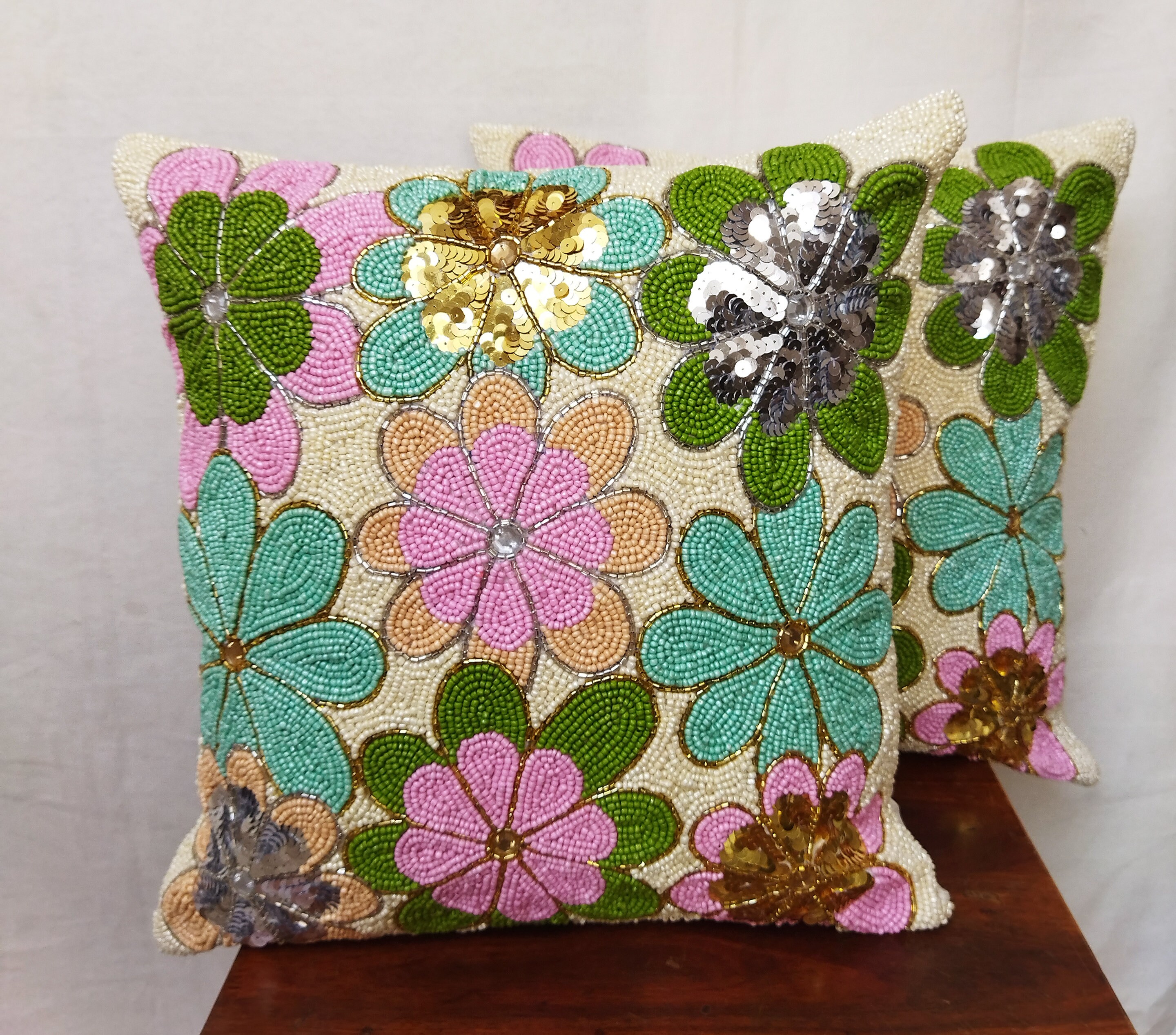 Handmade Multi Color Flowers Beaded Pillow Cover 16 Etsy UK