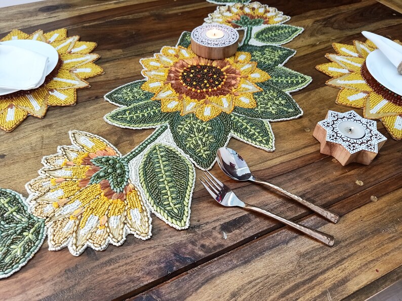 Sunflower Beaded Table Runner Handmade Beaded Runner Etsy