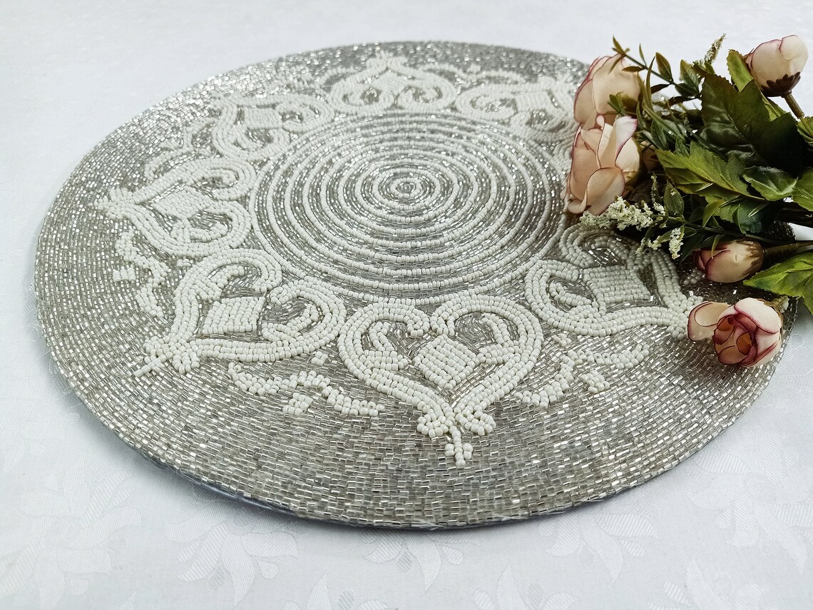 Handmade Silver and White Ornate Design Beaded Round Placemat Etsy