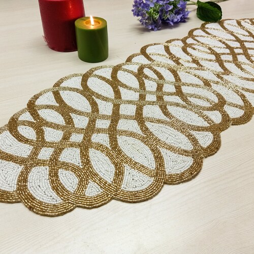 Handmade Beaded Spring Table Runner White Flowers Bed Etsy