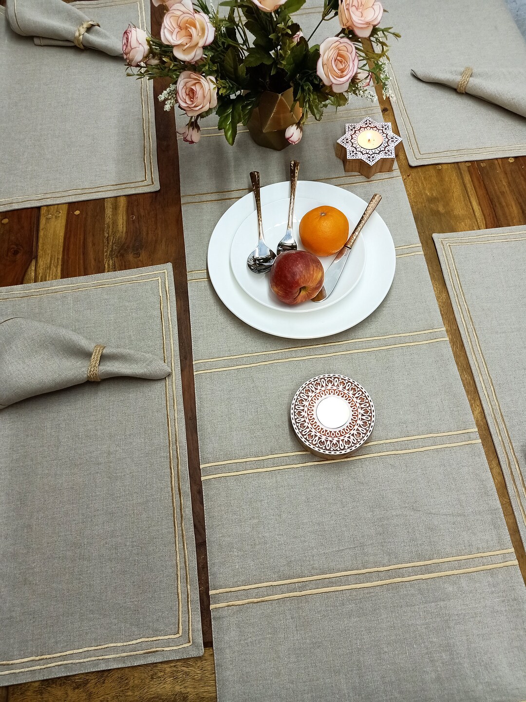 Linens In Table Setting Embroidered Linen Table Runner Set: 4 Placemats & Napkins - Etsy