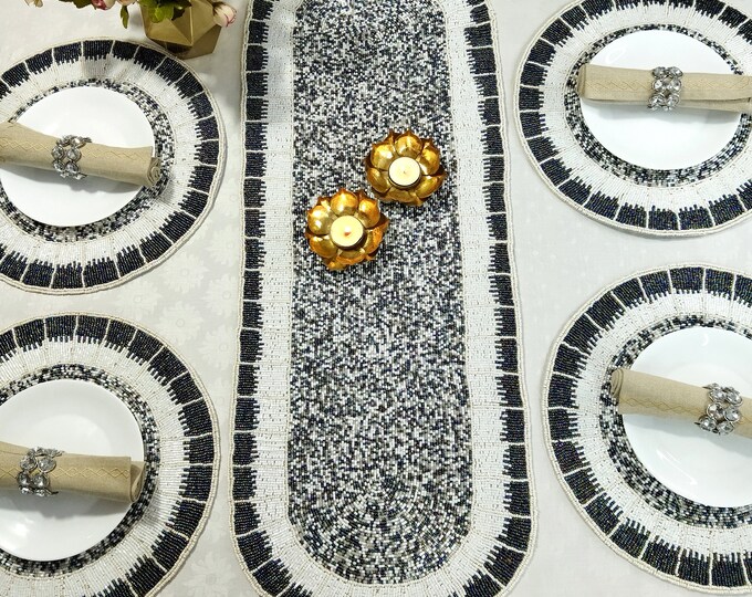 Black White Table Runner, Long Table Topper, Kitchen Table Runner