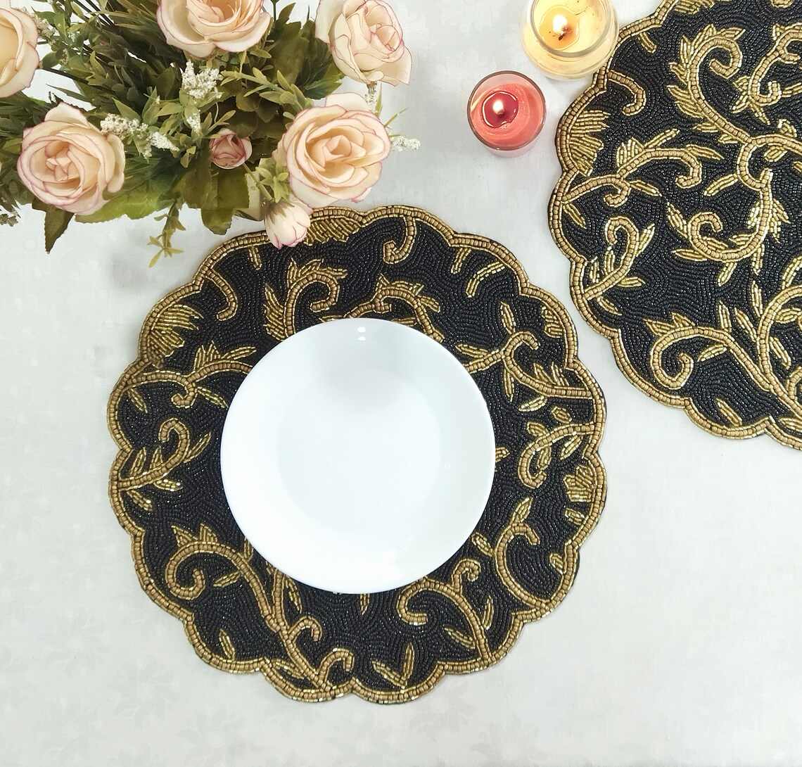 Handmade Black & Gold Beaded Placemat Etsy