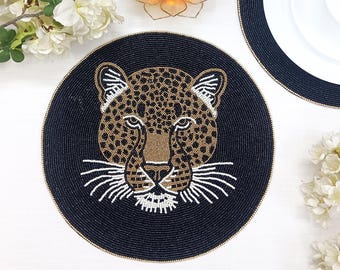 Handmade Leopard Face Beaded Placemat | Luxury Wildlife Table Decor | Black Gold Beadwork Mat | Safari Dining Accent